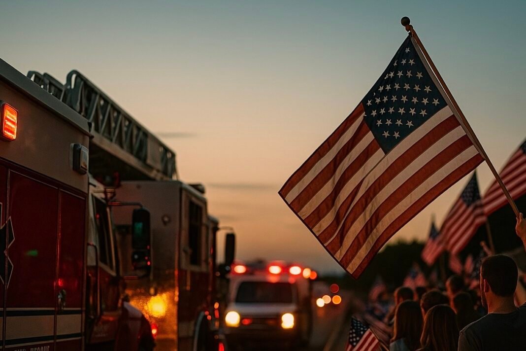 Flag-waving crowd lines a roadway beside fire engines and an ambulance at dusk during a tribute to fallen firefighters.